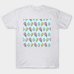 Cute Ice Cream and Popsicle Pattern in Blue T-Shirt